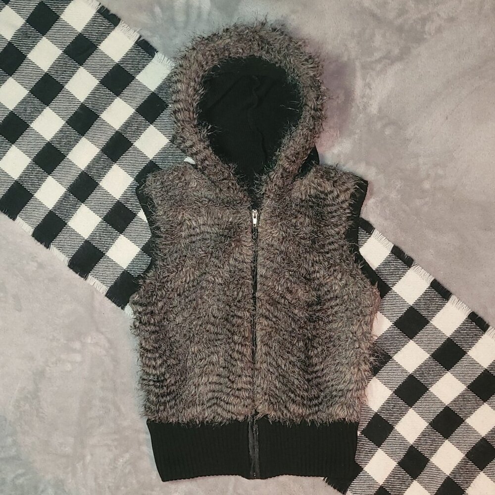 Faux Fur Hooded Zip-Front Vest - Gray